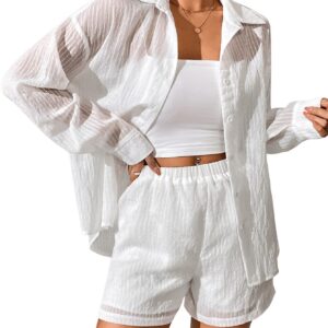 Verdusa Women's 2 Piece Outfit Sheer See Through Long Sleeve Button Up Shirt Blouse Top and High Waist Short Sets White S