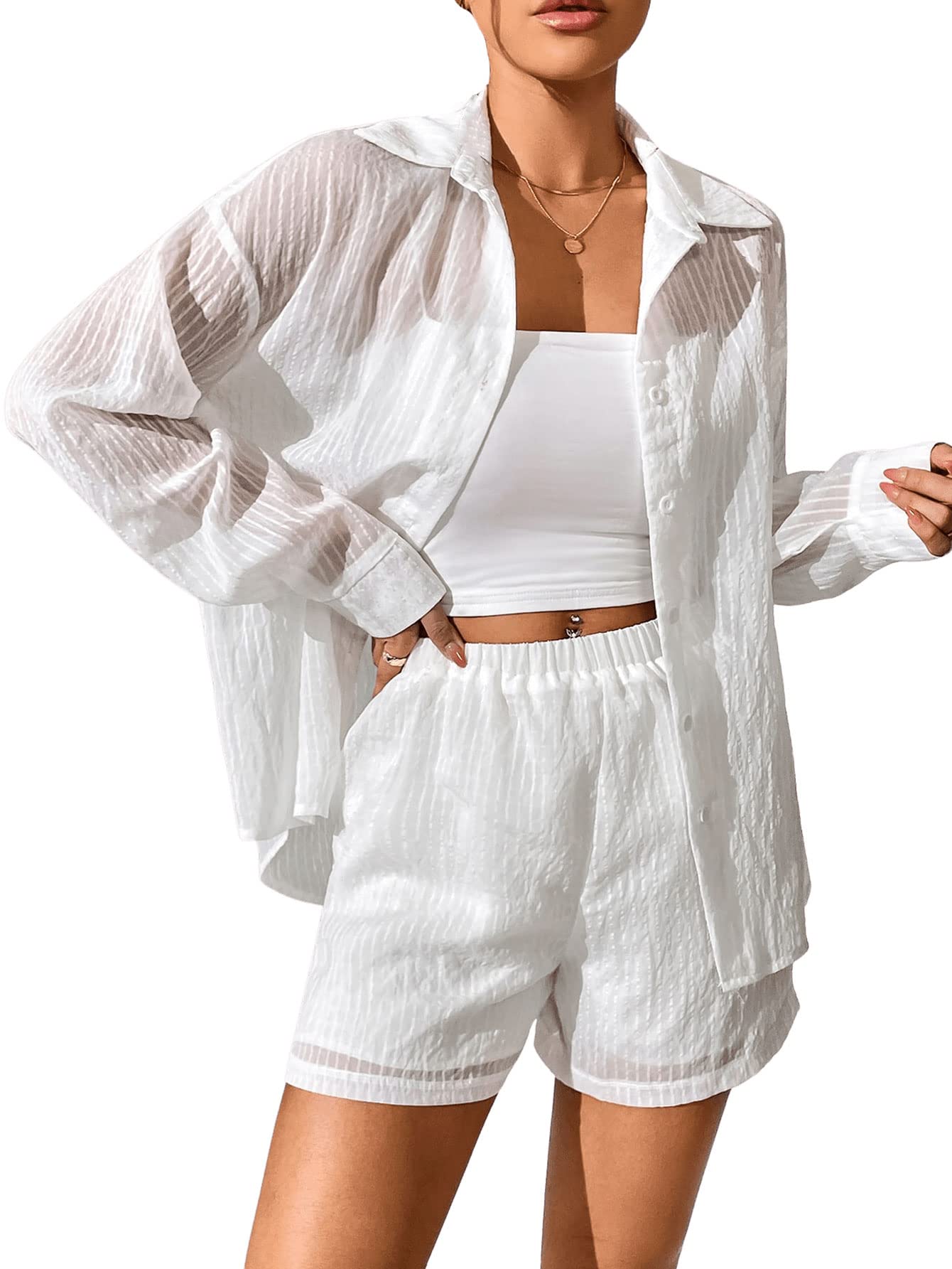 Verdusa Women's 2 Piece Outfit Sheer See Through Long Sleeve Button Up Shirt Blouse Top and High Waist Short Sets White S