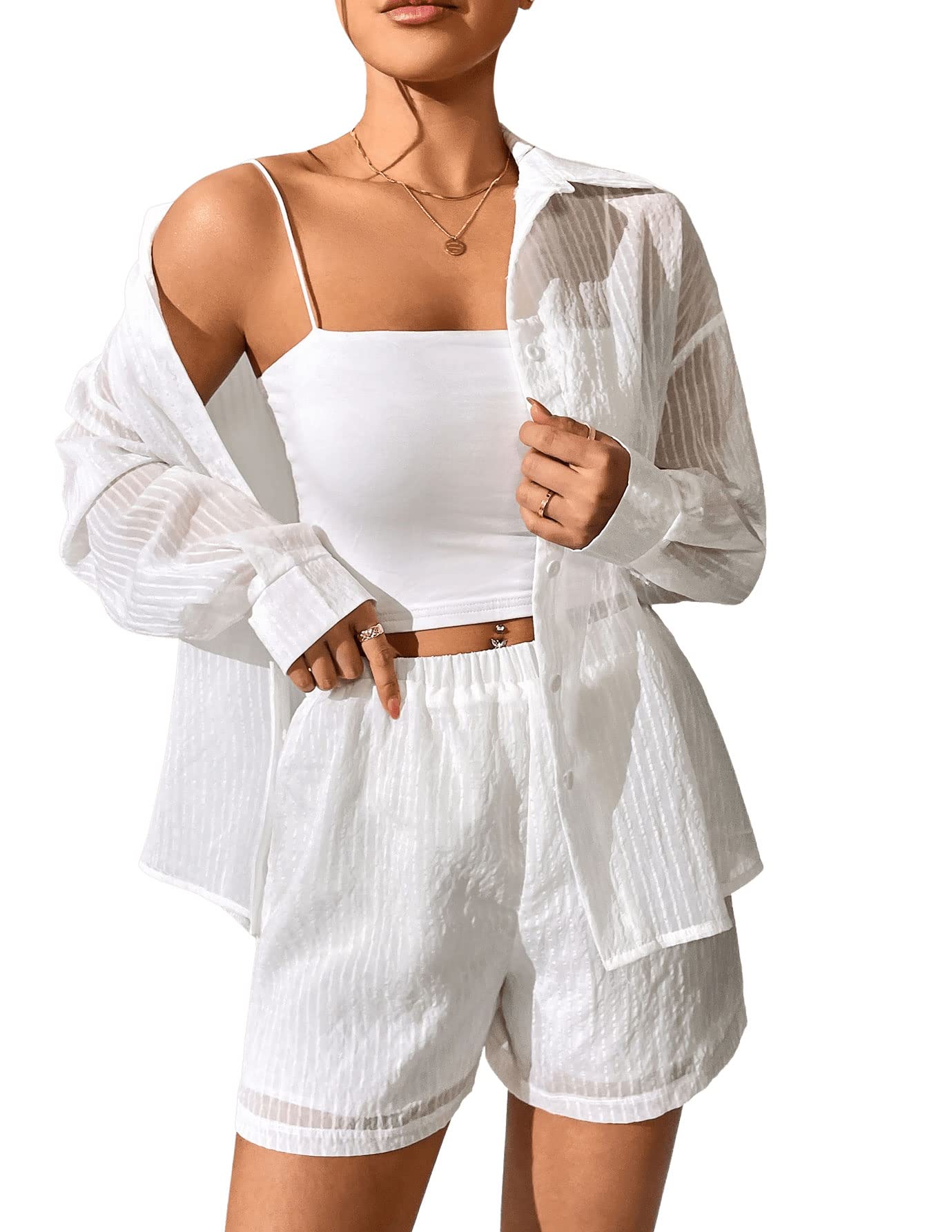 Verdusa Women's 2 Piece Outfit Sheer See Through Long Sleeve Button Up Shirt Blouse Top and High Waist Short Sets White S