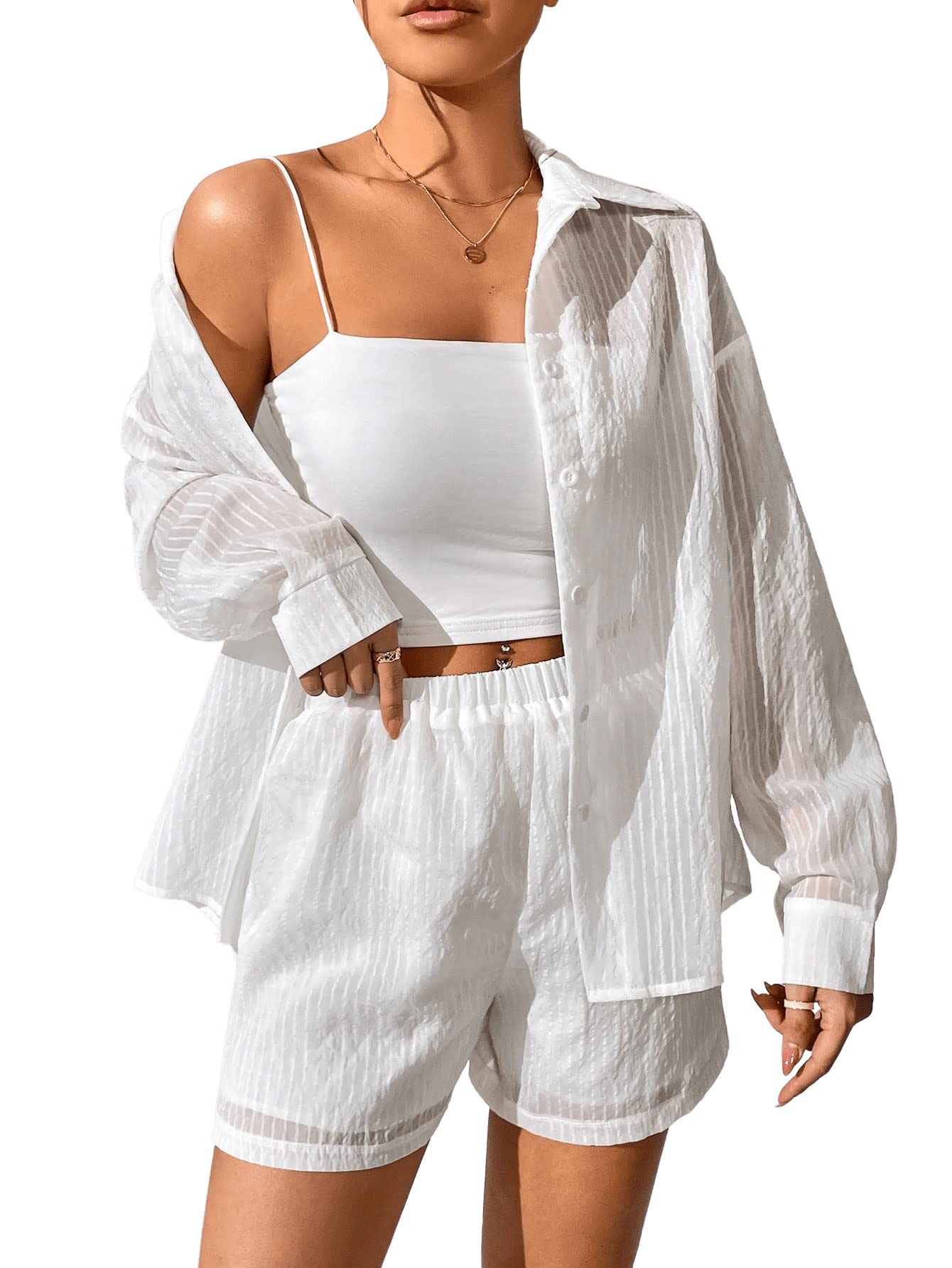 Verdusa Women's 2 Piece Outfit Sheer See Through Long Sleeve Button Up Shirt Blouse Top and High Waist Short Sets White S