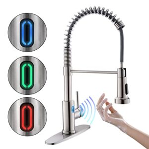 owofan touchless kitchen faucet with pull down sprayer led light single handle kitchen sink faucet motion sensor smart hands-free, stainless steel brushed nickel 1080sn