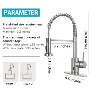 HGN Touchless Kitchen Faucet with Pull Down Sprayer, Motion Spring Sink Faucets with 10'' Deck Plate,Single Handle Spring Kitchen Sink Faucet,Brush Nickel