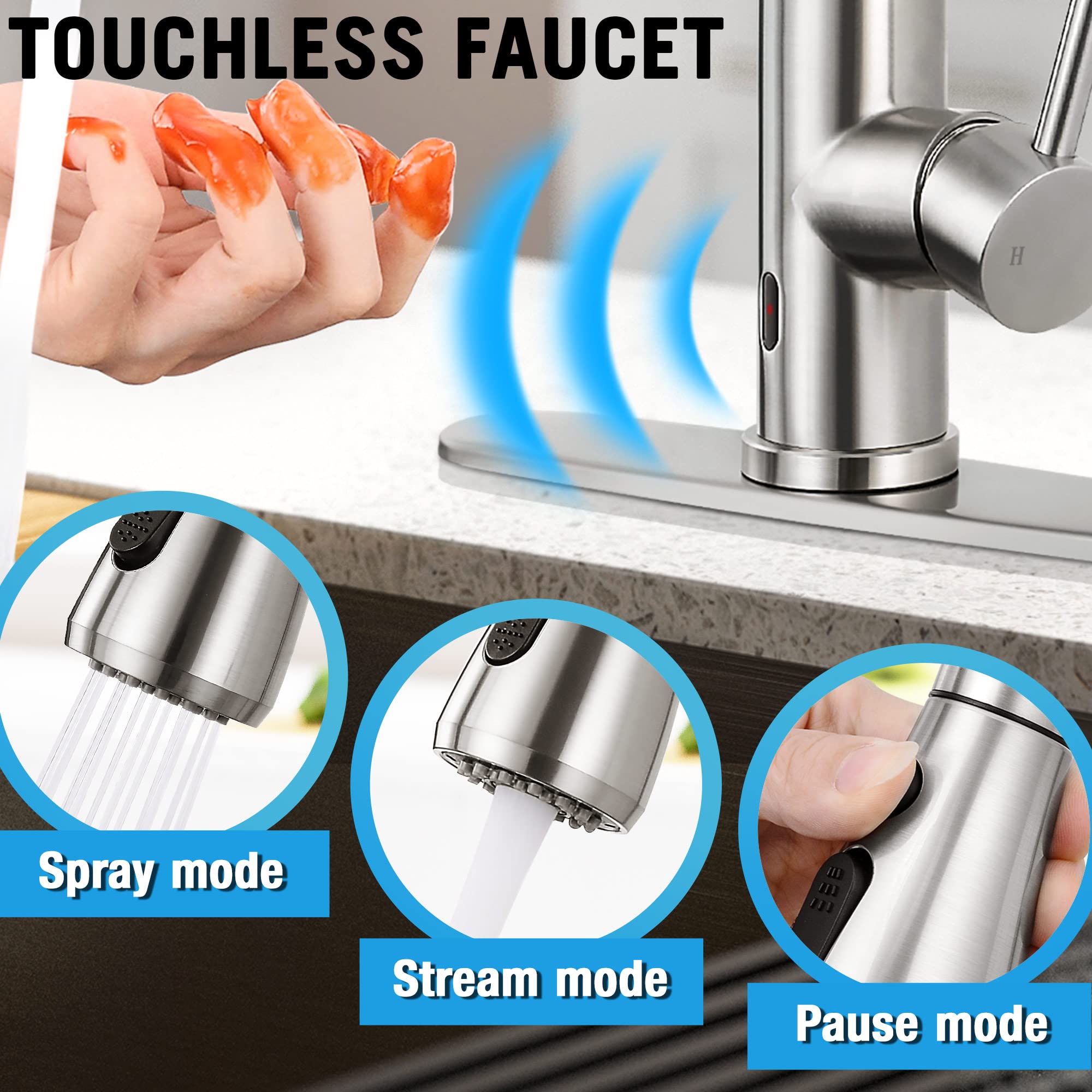 Qomolangma Touchless Kitchen Faucet with Pull Down Sprayer, Motion Single Handle Kitchen Sink Faucet with Pull Out Sprayer, Stainless Steel, Fingerprint Resistant, Brushed Nickel