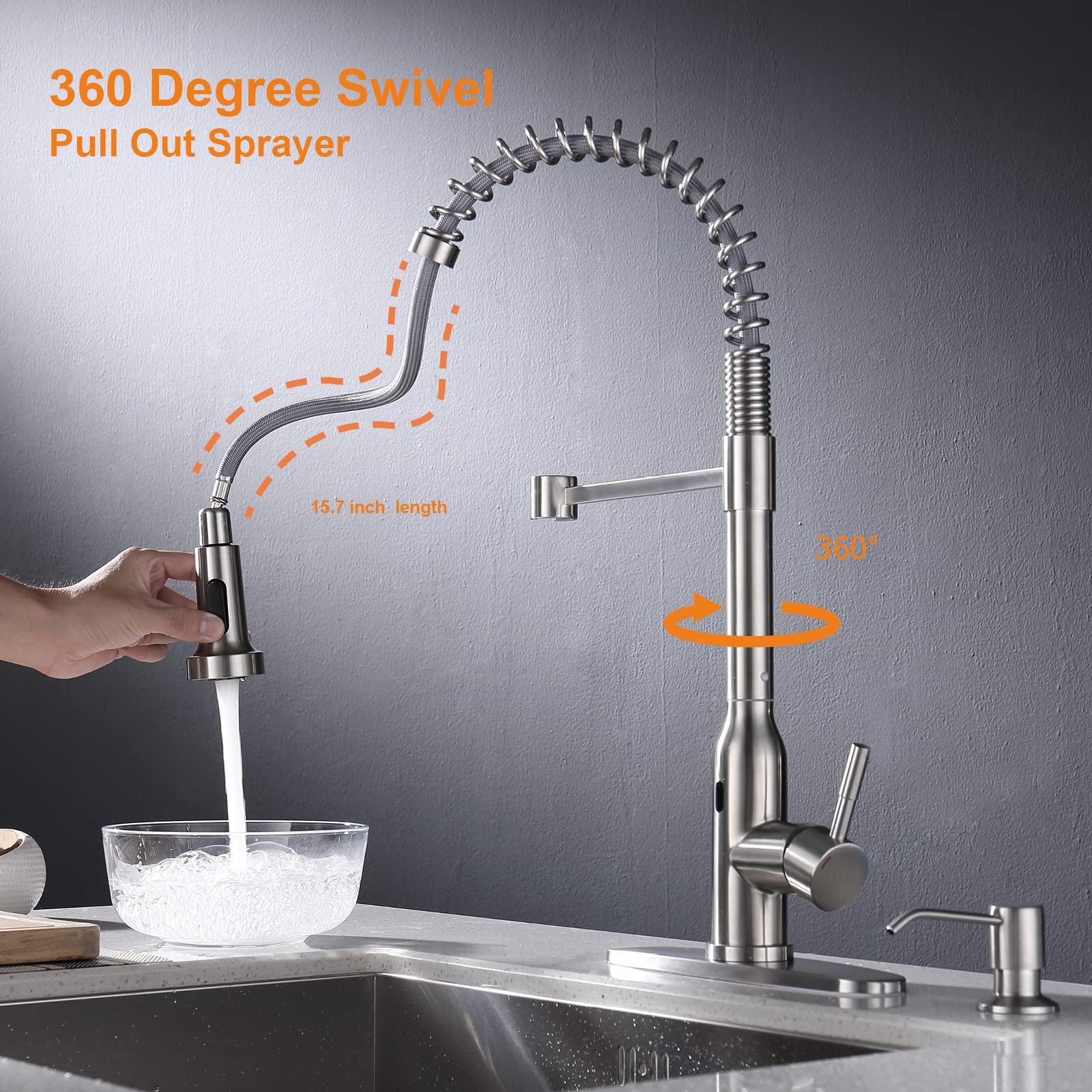 Touchless Kitchen Faucet,KEER Smart Motion Sensor Hands Free Single Handle spring kitchen sink faucet with Pull Down Sprayer,Brushed Nickel