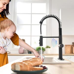 OWOFAN Touchless Kitchen Faucet with Pull Down Sprayer LED Light Single Handle Kitchen Sink Faucet Motion Sensor Smart Hands-Free, Stainless Steel Black 1075R