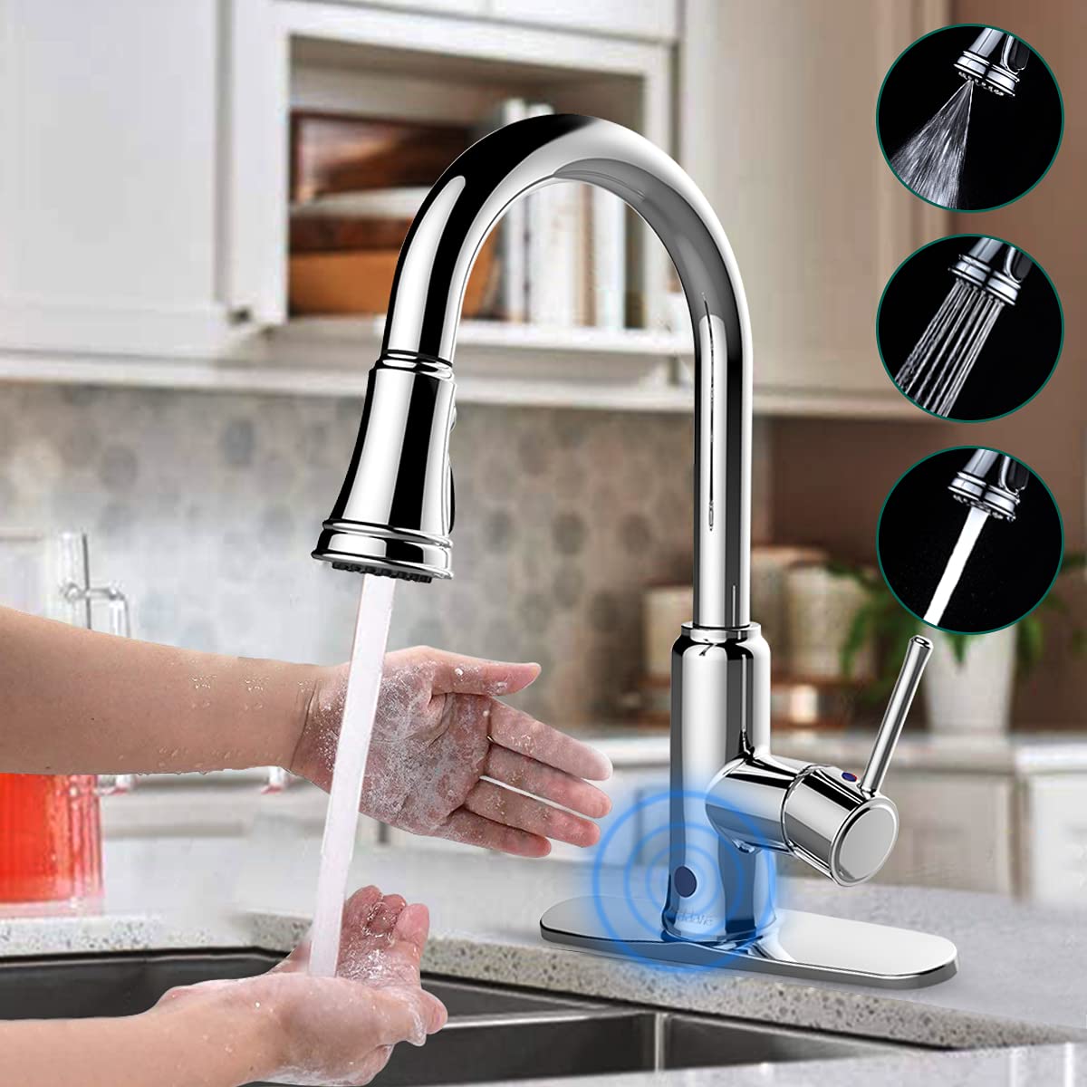 Touchless Kitchen Sink Faucets,Atalawa Kitchen Faucets with Pull Down Sprayer, Motion Sense Wave Faucet High Arc Single-Handle Chrome 1or 3 Hole Deck Mount 3 Modes, Easy to Install, Spot Resist