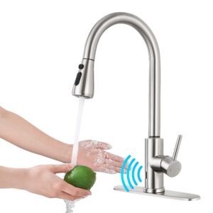 kzh touchless kitchen faucet with pull down sprayer,motion single handle touch activated faucet with deck plate,304 stainless steel, brushed nickel