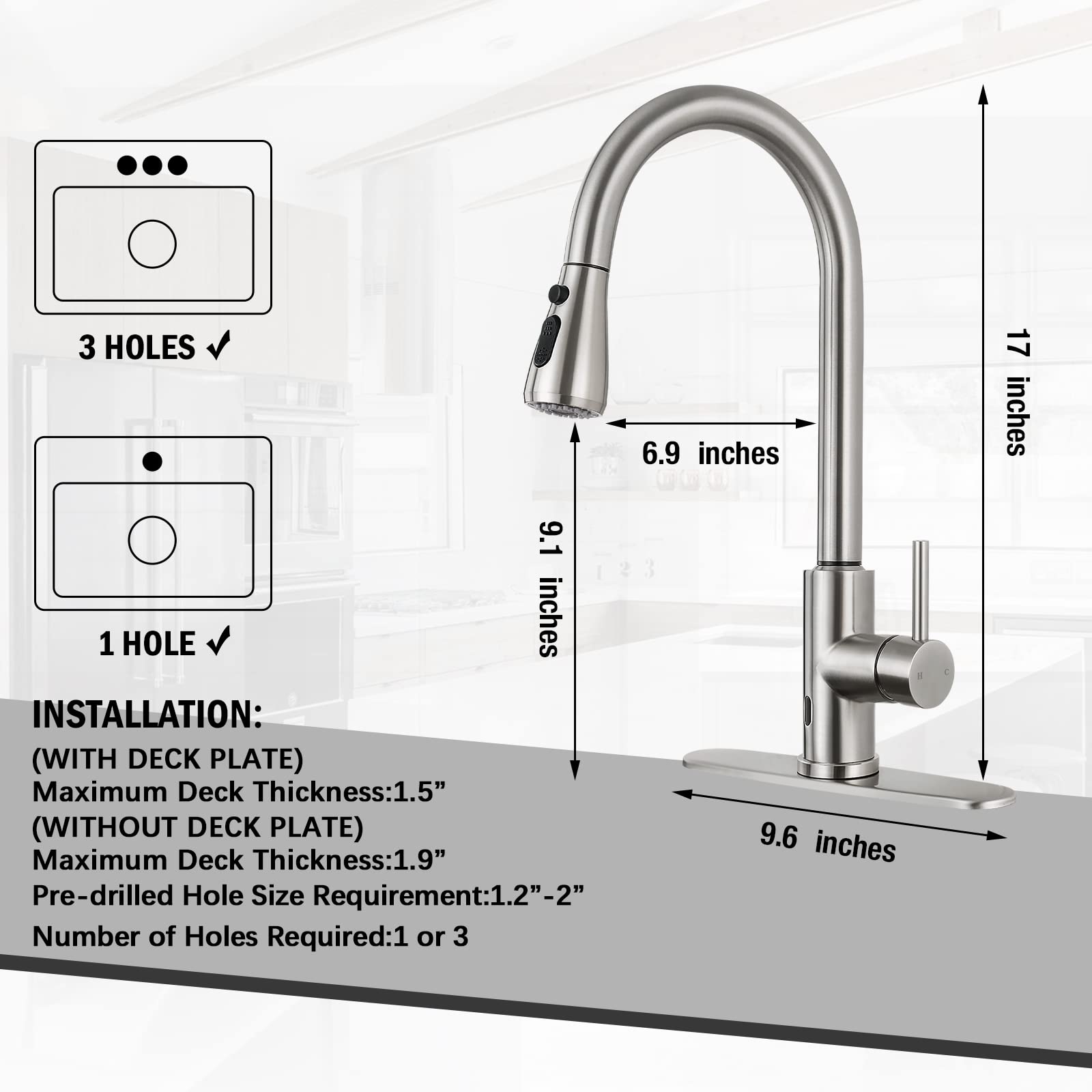 KZH Touchless Kitchen Faucet with Pull Down Sprayer,Motion Single Handle Touch Activated Faucet with Deck Plate,304 Stainless Steel, Brushed Nickel