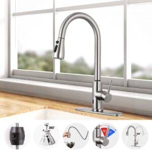 KZH Touchless Kitchen Faucet with Pull Down Sprayer,Motion Single Handle Touch Activated Faucet with Deck Plate,304 Stainless Steel, Brushed Nickel