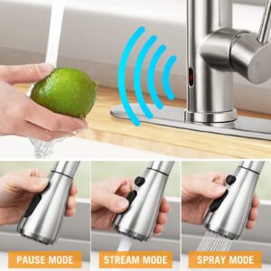 KZH Touchless Kitchen Faucet with Pull Down Sprayer,Motion Single Handle Touch Activated Faucet with Deck Plate,304 Stainless Steel, Brushed Nickel