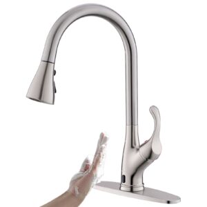 appaso touchless kitchen faucet brushed nickel with pull down sprayer, motion sensor activated hands-free kitchen faucet, single handle smart kitchen sink faucet