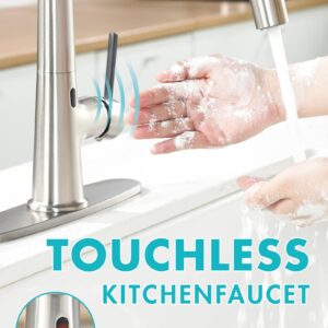 Touchless Kitchen Faucet with AC Adapter, Smart Motion Sensor Hands Free Single Handle Kitchen Sink Faucet with Pull Down Sprayer, Brushed Nickel