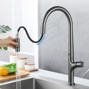 Yalsfowe Touchless Kitchen Faucet Gun Gray, Kitchen Faucet with Pull Down Sprayer, Kitchen Mixer Tap, Motion Sensor Smart Activated Kitchen Faucet, Smart Kitchen Sink Faucets, Brass