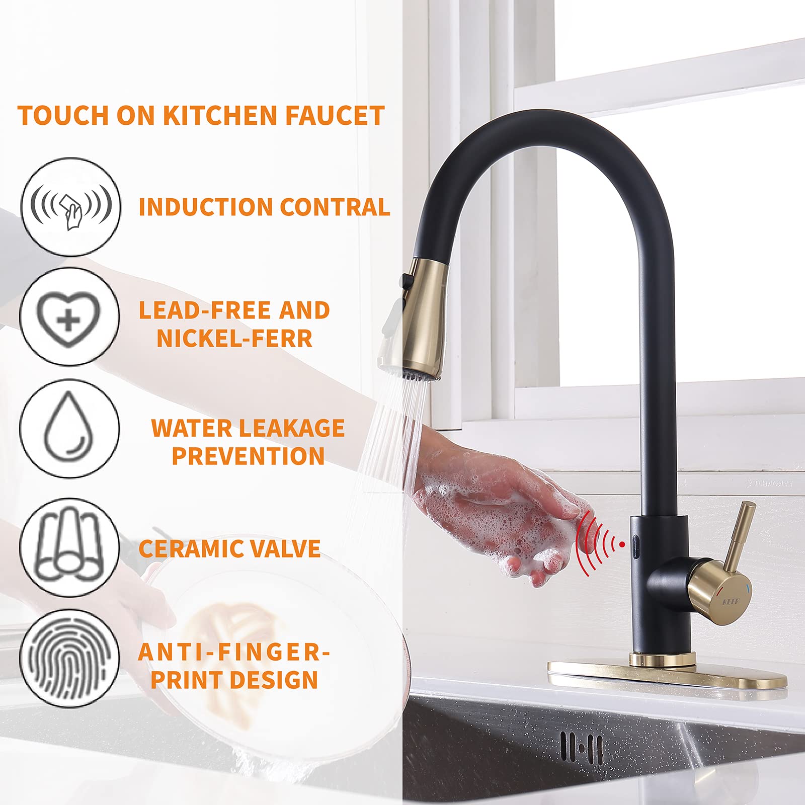 Touchless Kitchen Faucet with Pull Down Sprayer, Motion Sensor Kitchen Faucet with Kitchen Soap Dispenser, Single Handle High Arc Pull Out Faucet for Kitchen Sink RV Kitchen,Black and Polished Chrome