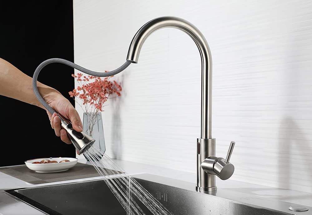 Touchless Kitchen Faucet Pull Down Kitchen Sink Faucets, Single Level Stainless Steel Kitchen Brushed Nickel Faucets with Pull Out Sprayer Two Water Modes