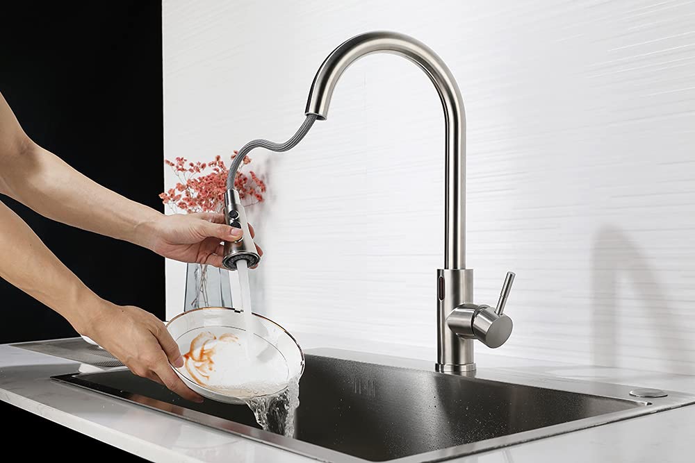 Touchless Kitchen Faucet Pull Down Kitchen Sink Faucets, Single Level Stainless Steel Kitchen Brushed Nickel Faucets with Pull Out Sprayer Two Water Modes