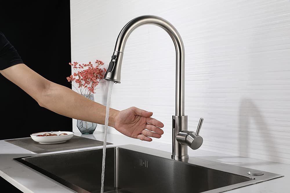 Touchless Kitchen Faucet Pull Down Kitchen Sink Faucets, Single Level Stainless Steel Kitchen Brushed Nickel Faucets with Pull Out Sprayer Two Water Modes