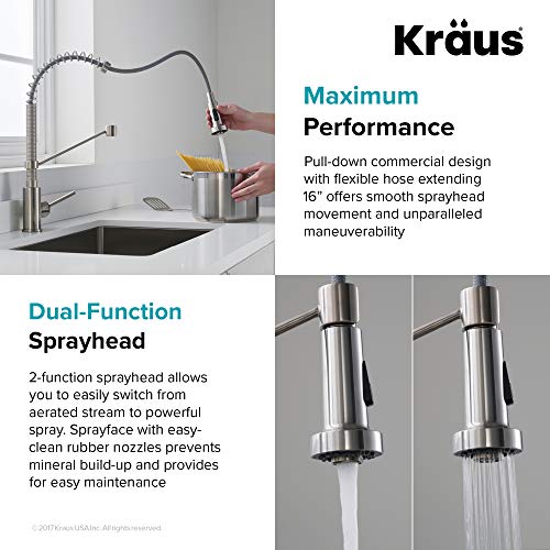 Kraus KPF-1610SFS-KSD-43SFS Bolden 18-Inch Single Handle Commercial Style Pull-Down Kitchen Faucet with Soap Dispenser, Spot Free Stainless Steel