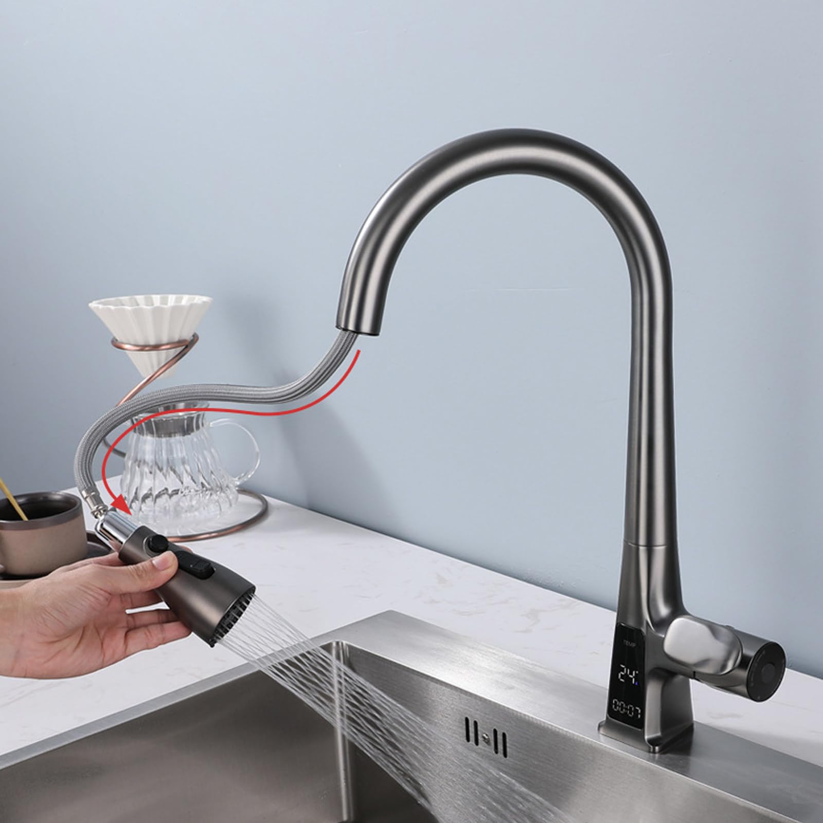 Ksunun Touchless Kitchen Faucet with Pull Down Sprayer, Kitchen Sink Faucet, Pull-Down Sprayer Kitchen Faucets with Temperature Display, Kitchen Sink Faucets, Pull Down Faucet for Kitchen Sink