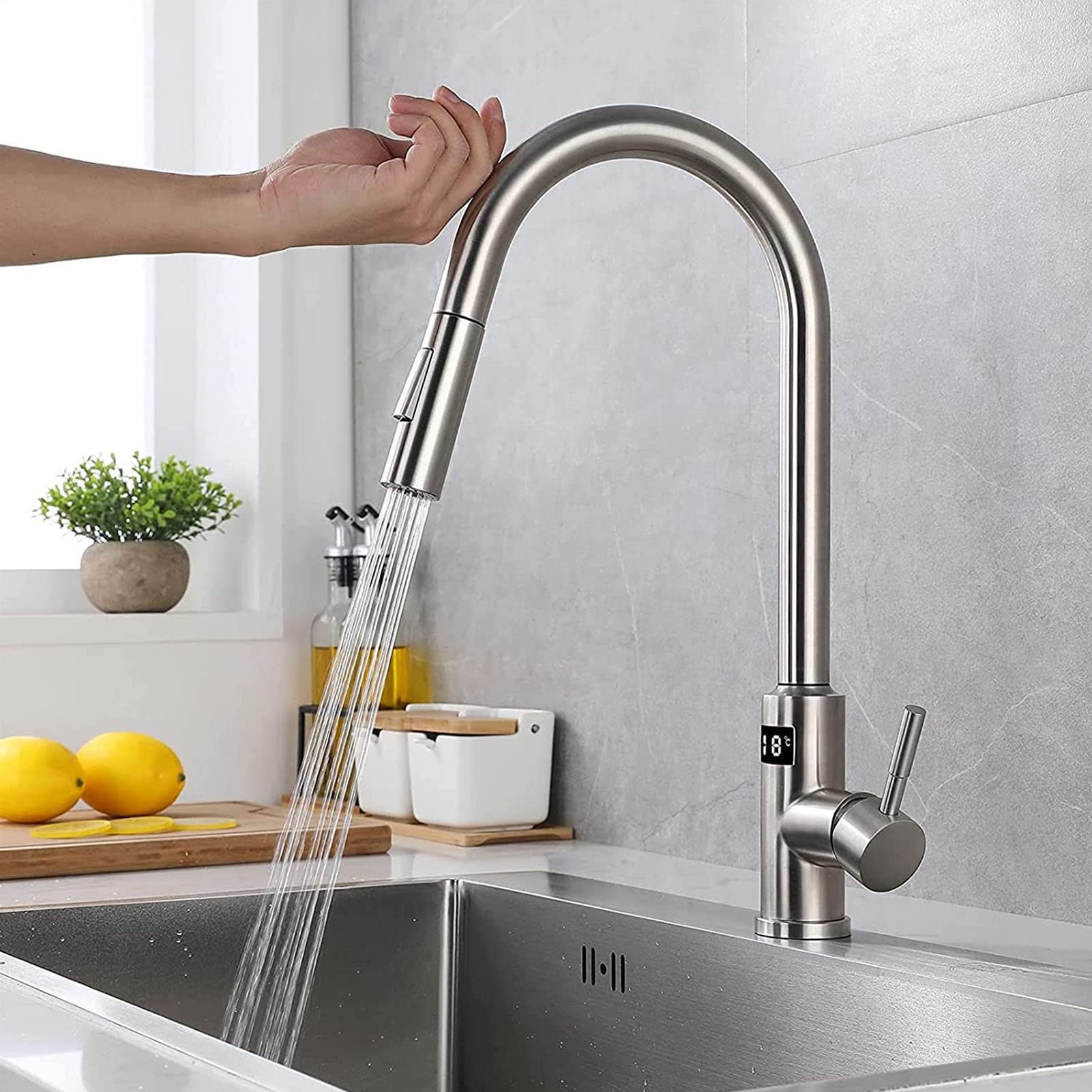 Yalsfowe Touch on Kitchen Faucet, Kitchen Faucet with Pull Down Sprayer, Smart Sensor Kitchen Facucet Stainless Steel, Kitchen Sink Faucet with Temperature Display, 360° Kitchen Mixer Tap,Brushed nick