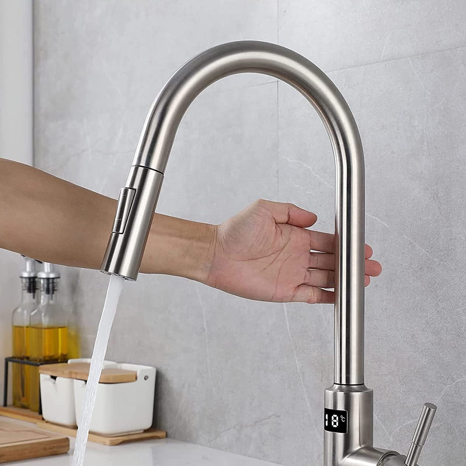 Yalsfowe Touch on Kitchen Faucet, Kitchen Faucet with Pull Down Sprayer, Smart Sensor Kitchen Facucet Stainless Steel, Kitchen Sink Faucet with Temperature Display, 360° Kitchen Mixer Tap,Brushed nick