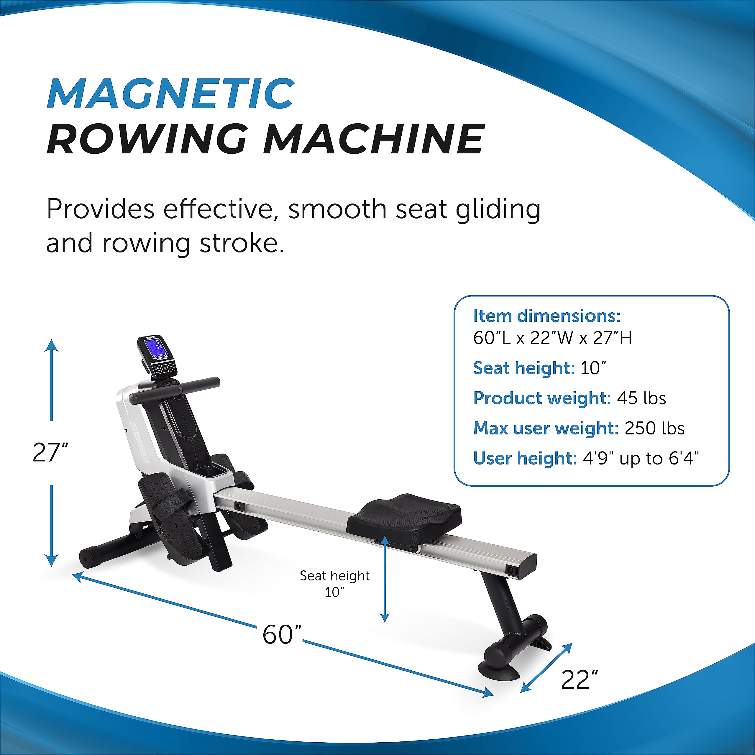 Stamina Magnetic Rower 1130 - Rower Machine with Smart Workout App - Rowing Machine with Magnetic Resistance for Home Gym Fitness - Up to 250 lbs Weight Capacity - Upgraded Silver