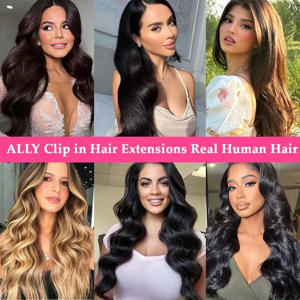 ALLY Clip in Hair Extensions Real Human Hair 100% Brazilian Remy Human Hair Clip in Hair Extensions for Black Women Seamless Straight Clip ins Soft & Natural (#1B Natural Black 16inch 80g)