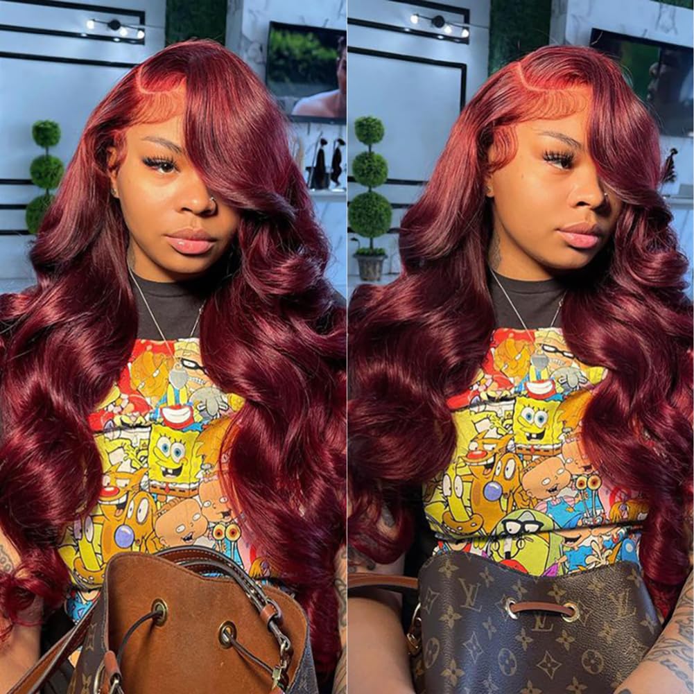 AOSUN 99j Burgundy Lace Front Wigs Human Hair Glueless Wine Red Colored Body Wave Wigs Pre Plucked with Baby Hair 180 Density 13x4 HD Transparent Frontal Wigs for Women