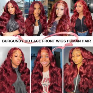 AOSUN 99j Burgundy Lace Front Wigs Human Hair Glueless Wine Red Colored Body Wave Wigs Pre Plucked with Baby Hair 180 Density 13x4 HD Transparent Frontal Wigs for Women