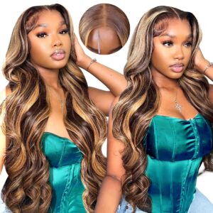 allove glueless wigs human hair pre plucked pre cut 24 inch 5x5 hd lace closure wigs human hair 180% density body wave lace front wigs human hair 4/27 ombre highlight honey blonde wig human hair