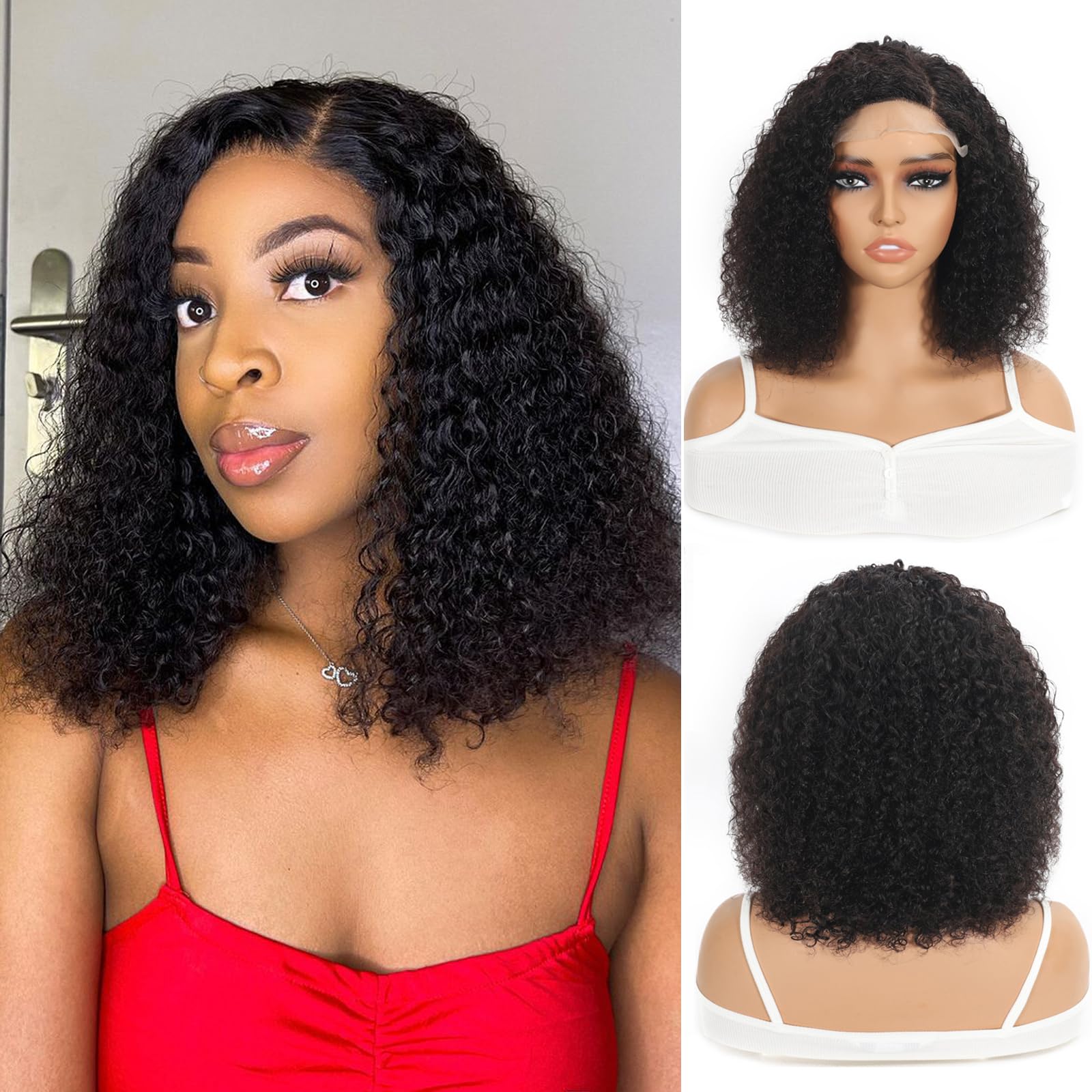 Curly Wear and Go Glueless Wig,200% Density Curly Bob Wig Human Hair for Women,6x4x1.5 inch Glueless Short Curly Wigs Pre Plucked Bleached Knots,Kinky Curly Human Hair Wig(Natural Black,14inch)