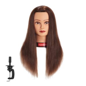 traininghead 20-22" female 100% human hair mannequin head hair styling training head cosmetology manikin head doll head for hairdresser with free clamp (brown)（14-16'' ）