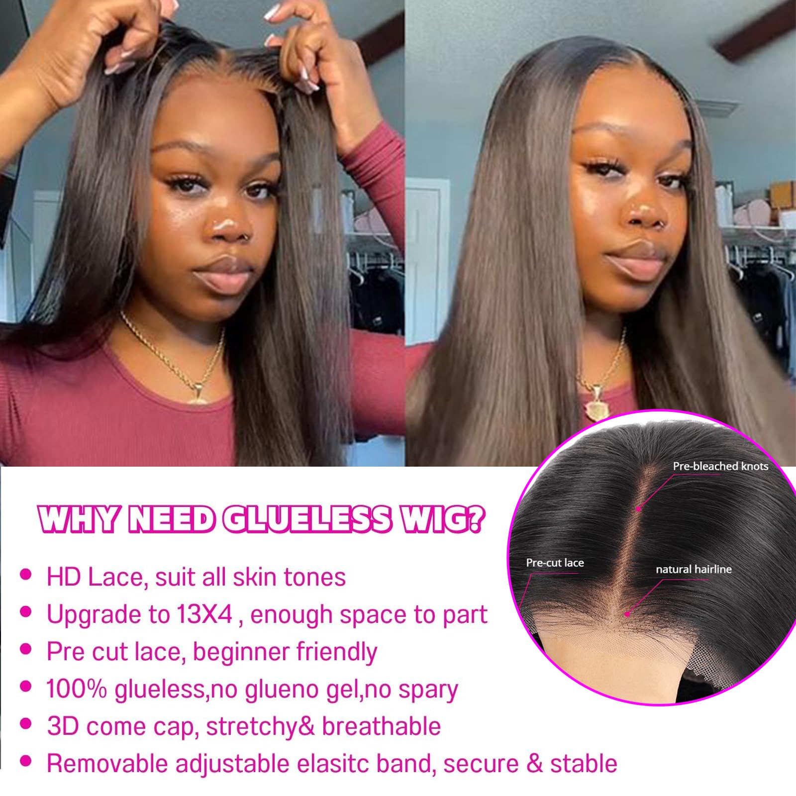 bunGiol Upgrade 13x4 Glueless Wigs Human Hair Pre Plucked Pre Cut 24 Inch Hd Straight Lace Front Wigs Human Hair 180% Wear And Go Glueless Wig For Black Women