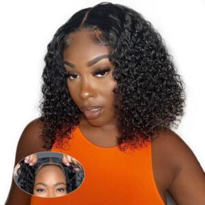 golfmax wear and go glueless wigs human hair pre plucked pre cut short bob wigs with elastic band for black women deep wave curly 4x4 closure wig water wave wigs human hair 12 inch