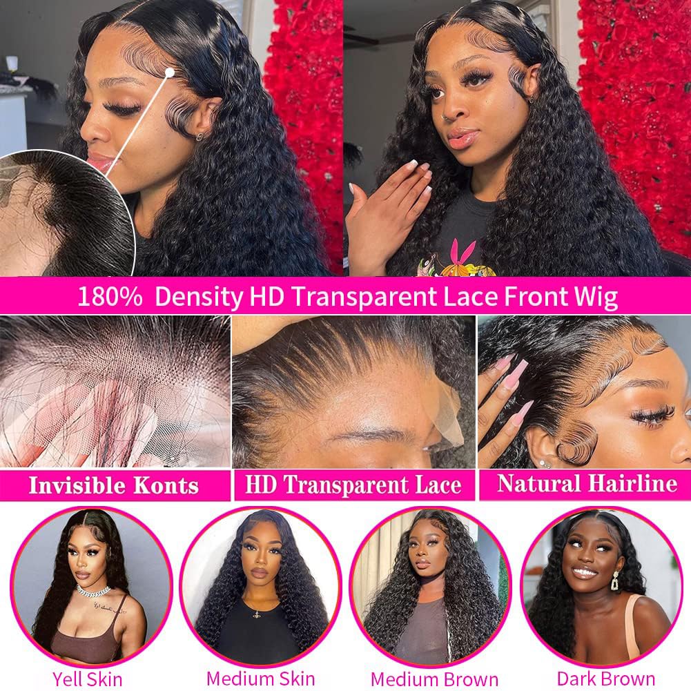 Hswpawk 13x6 Deep Wave Lace Front Wigs Human Hair HD Transparent Lace Front Wigs Human Hair Pre Plucked 180% Density Glueless Wigs Human Hair with Baby Hair Deep Curly Wigs for Women Natural Color 24