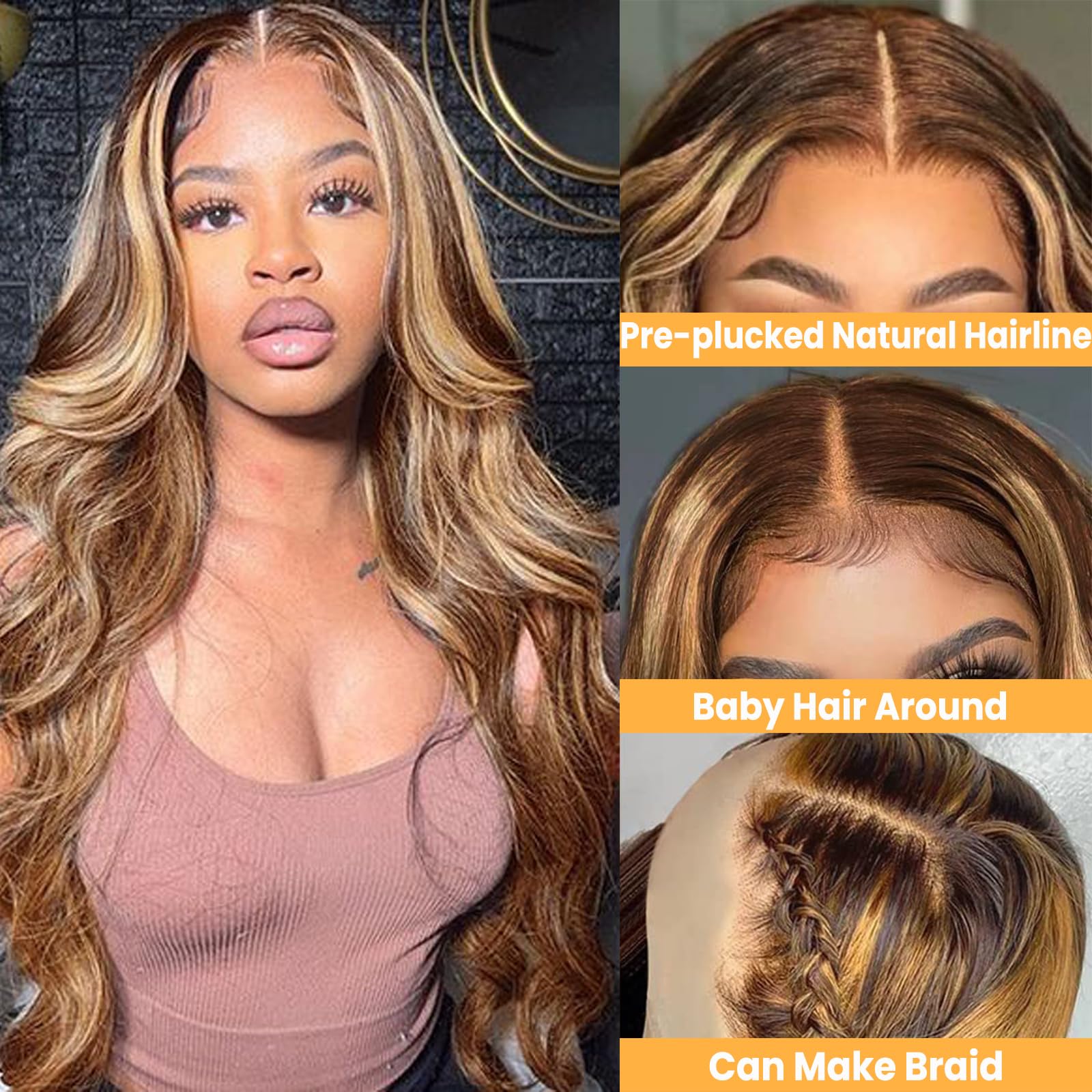 TXIXS 28 Inch Honey Blonde Lace Front Wig Human Hair 13x4 Ombre Lace Front Wig Human Hair Pre Plucked with Baby Hair 180% Highlight Glueless Lace Front Wigs Human Hair Body Wave Lace Frontal Wigs