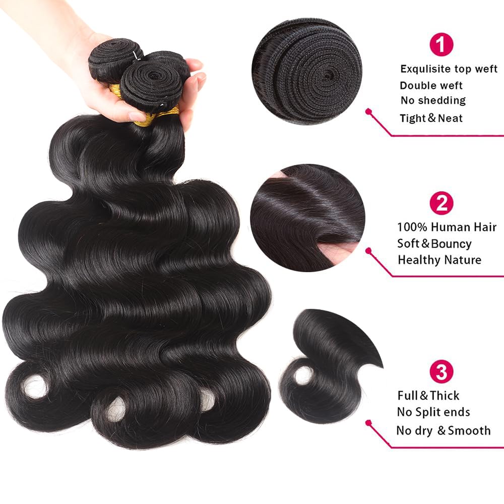 22-26 Inch Unprocessed Brazilian Virgin Body Wave Human Hair Bundles and Wefts - Natural Color