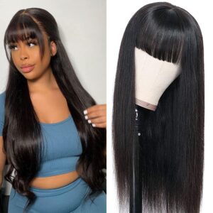 glowig straight human hair wigs with bangs brazilian virgin none lace front wigs glueless machine made for women wigs (150% density,natural black, 16 inch)