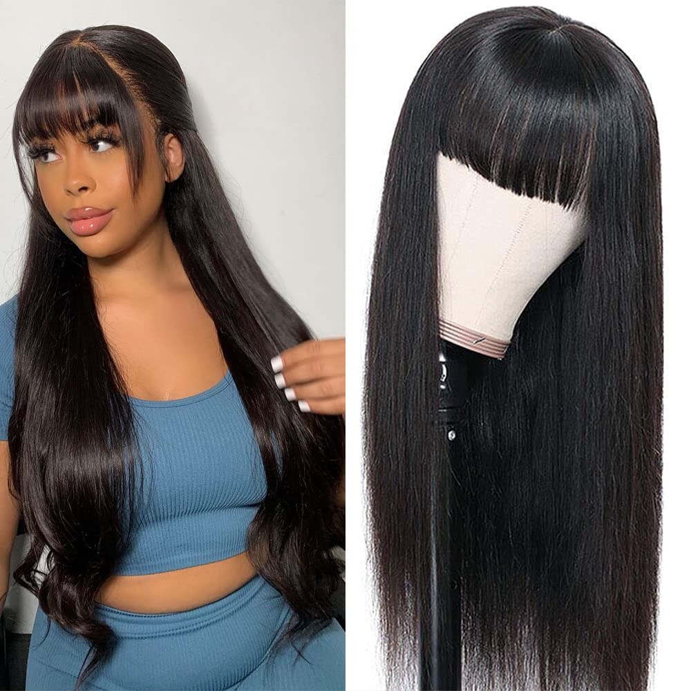 Glowig Straight Human Hair Wigs With Bangs Brazilian Virgin None Lace Front Wigs Glueless Machine Made For Women Wigs (150% Density,Natural Black, 16 inch)