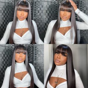 Glowig Straight Human Hair Wigs With Bangs Brazilian Virgin None Lace Front Wigs Glueless Machine Made For Women Wigs (150% Density,Natural Black, 16 inch)