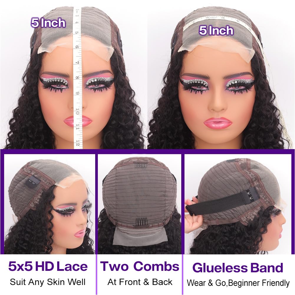 omswet Glueless Curly Wigs Human Hair Pre Plucked Curly BOB Wig Human Hair 5x5 HD Lace Closure Wigs Human Hair Wigs for Women Black Deep Wave Pre Plucked Lace Wig Wear and Go 180 Density 14 inch