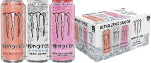 monster energy ultra variety pack, zero ultra, ultra peachy keen, ultra strawberry dreams, sugar free energy drink, 16 ounce (pack of 15)