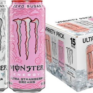 Monster Energy Ultra Variety Pack, Zero Ultra, Ultra Peachy Keen, Ultra Strawberry Dreams, Sugar Free Energy Drink, 16 Ounce (Pack of 15)