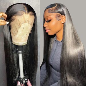 mystery straight lace front wigs human hair 13x4 human hair lace front wigs pre plucked 150% density glueless human hair wigs for black women natural black with baby hair (22 inch)