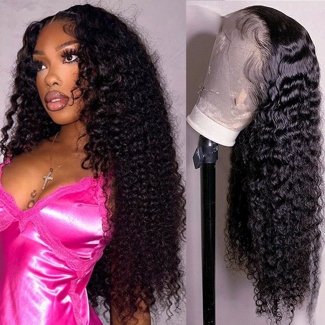 28 Inch Deep Wave Lace Front Wigs Human Hair 180% Density Deep Curly Lace Front Wigs Human Hair Pre-Plucked 13x4 Black Curly Wigs for Women HD Transparent Lace Frontal Glueless Wigs Human Hair