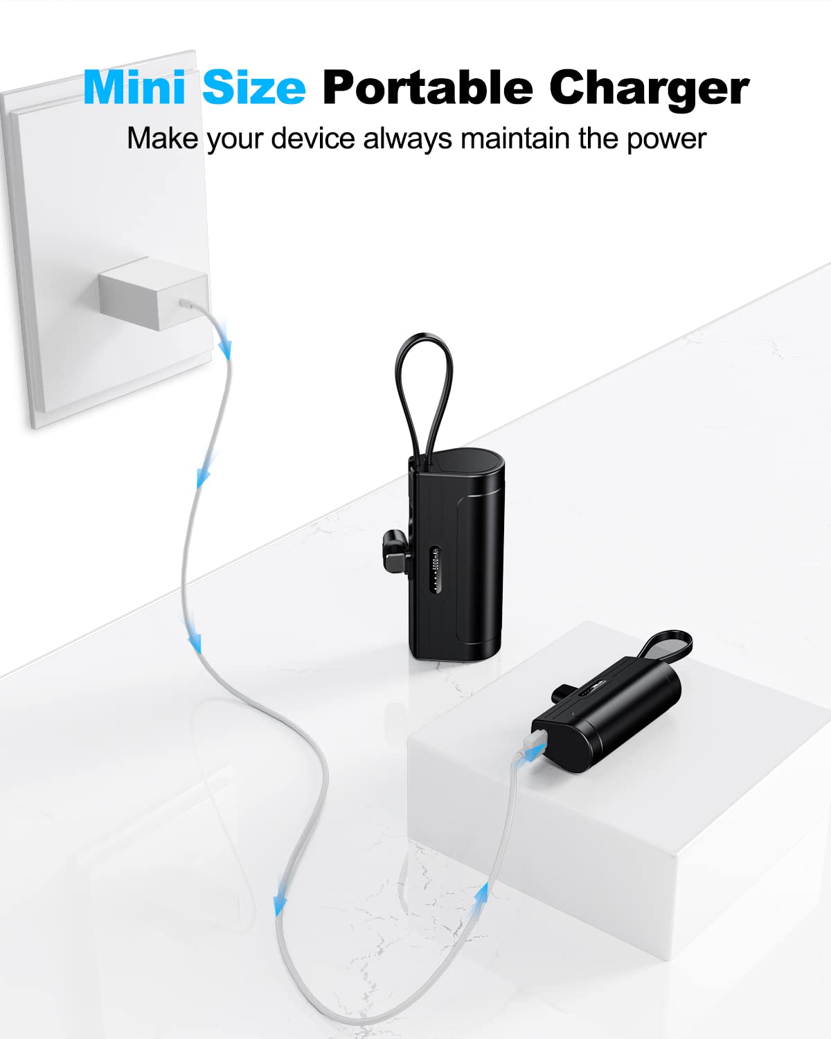 RAVIAD Mini Power Bank, 5,000mAh Portable Charger with Type-C/Phone Dual Charging Port, Ultra-Compact External Battery Mini Power Bank Compatible for All Phone, iPad, and More-Black