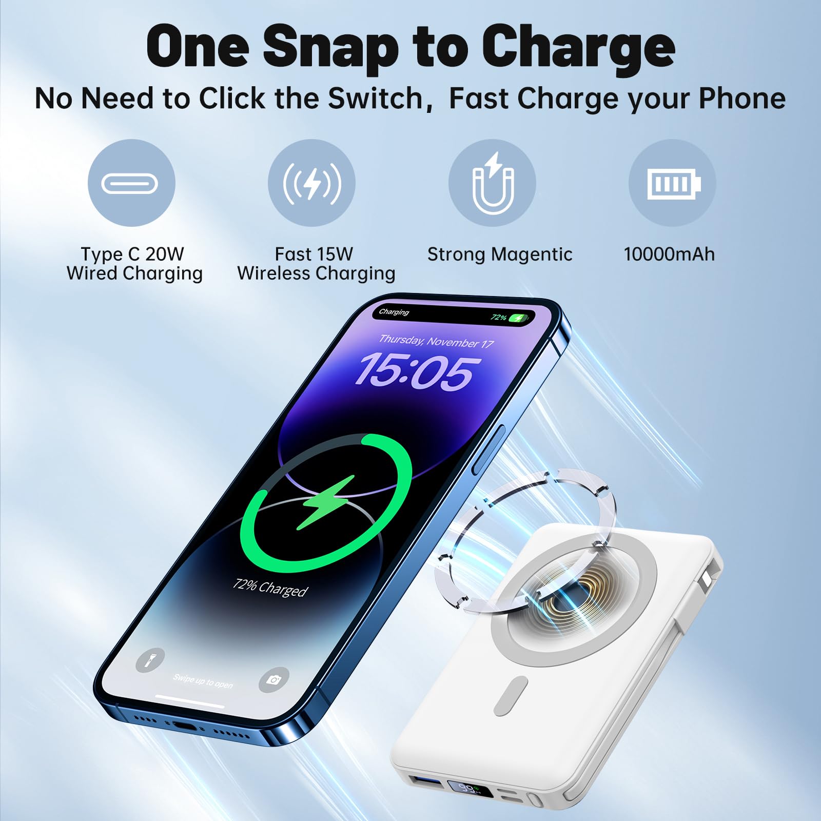 Yiisonger Magnetic Wireless Power Bank - 10000mAh Portable Charger 22.5W PD Fast Charging with Built-in Cables LED Display, Slim Magnetic Battery Pack for iPhone 15/14/13/12/Pro/Mini/Pro Max (White)