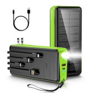 boogostore Portable Charger with Built in Cable and Wall Plug 30000mAh 22.5W Fast Charging Solar Power Bank with 5 Output & 2 Input Dual LED Flashlights Phone Holder External Battery Pack (Green)