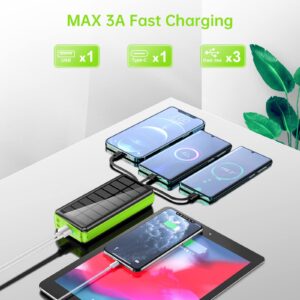 boogostore Portable Charger with Built in Cable and Wall Plug 30000mAh 22.5W Fast Charging Solar Power Bank with 5 Output & 2 Input Dual LED Flashlights Phone Holder External Battery Pack (Green)