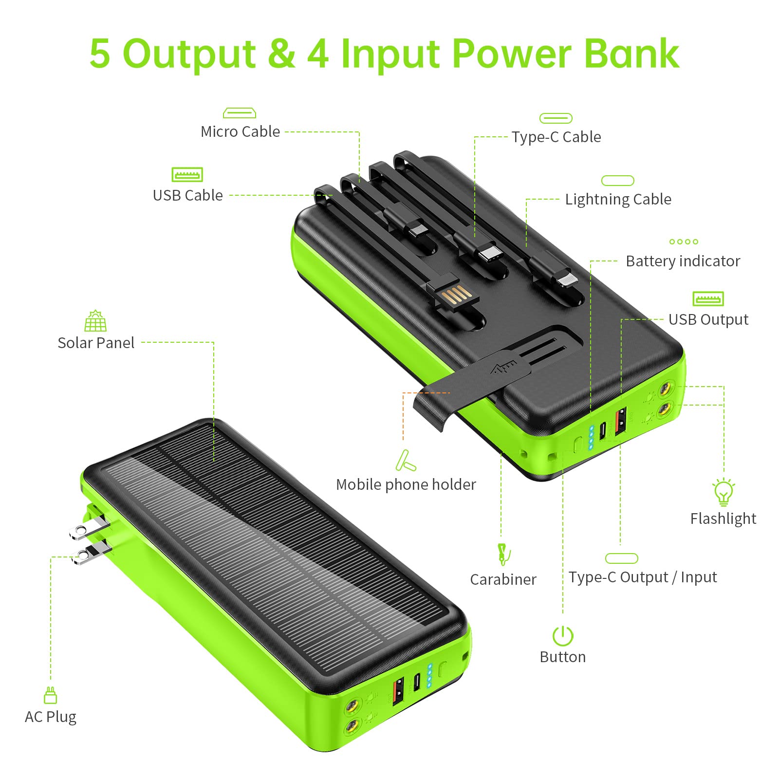 boogostore Portable Charger with Built in Cable and Wall Plug 30000mAh 22.5W Fast Charging Solar Power Bank with 5 Output & 2 Input Dual LED Flashlights Phone Holder External Battery Pack (Green)